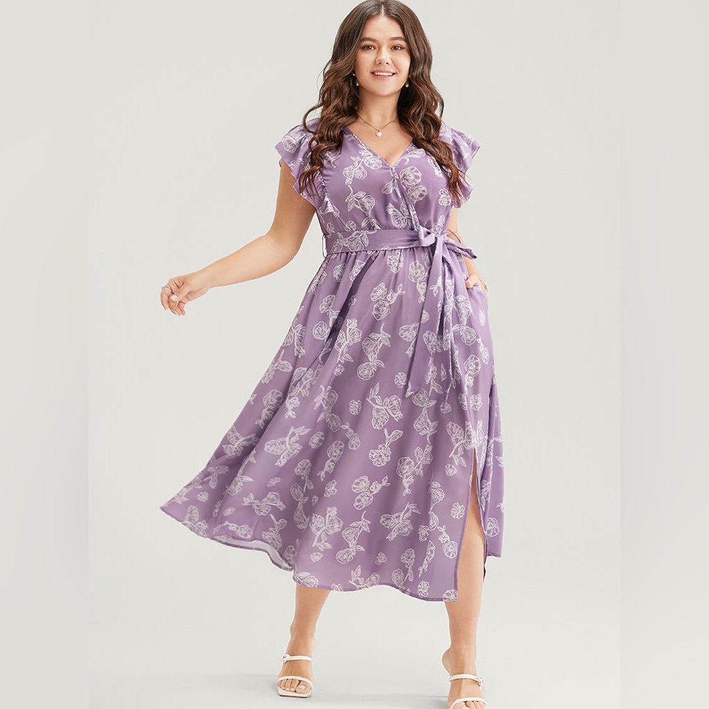 Floral Ruffle Sleeve Pocket Surplice Neck Belted Dress- Plus size 14/16